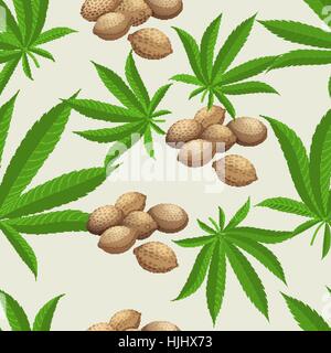 Seamless pattern with marijuana hemp leaves and seeds. Vector illustration. Stock Vector