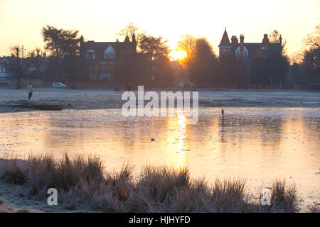 Early morning freezing temperatures at Rushmore Pond, Wimbledon Common, Southwest London, England, UK Stock Photo
