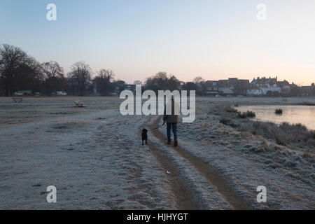 Early morning freezing temperatures at Rushmore Pond, Wimbledon Common, Southwest London, England, UK Stock Photo