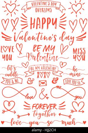 Valentine's day text overlays and hand drawn hearts, set of vector design elements Stock Vector