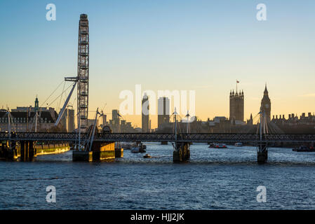 London skyline including Millennium Wheel and Houses of Parliament, London, UK Stock Photo