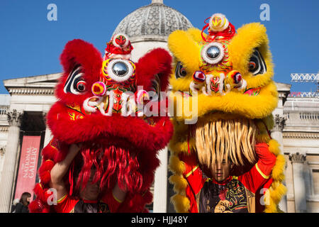 Lion Dancers from Chinatown perform on the steps of Trafalgar Square in front of the National Gallery ahead of this weekend's 'Year of the Rooster' Chinese New Year celebrations in London, UK. Stock Photo