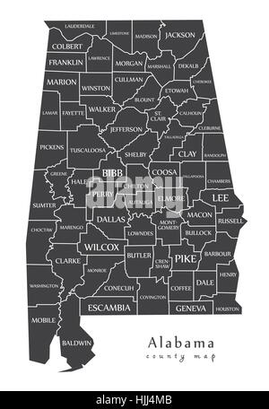 Modern Map - Alabama county map with labels USA silhouette illustration Stock Vector