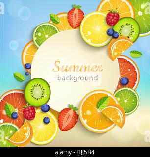 Summer background with tropical fruits and berries and round frame for the text. Vector illustration. Stock Vector