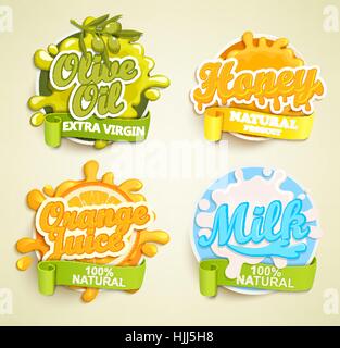 Set of orange juice, olive oil, honey, lime labels splash. Lettering, splash and blot design, shape creative vector illustration. Stock Vector