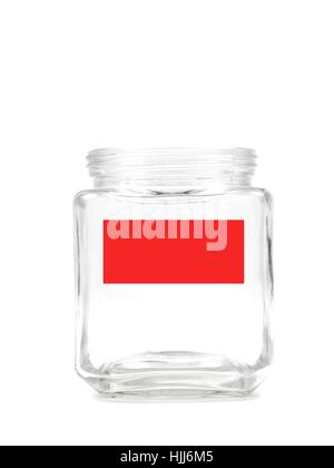 An empty jar with a blank labelisolated against a white background Stock Photo