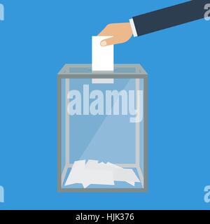 Voting, election concept. Vector illustration flat design style. Transparent glass box. Man holds in his hand bulletin, puts in ballot box. Stock Vector