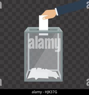 Voting, election concept. Vector illustration flat design style. Transparent glass box. Man holds in his hand bulletin, puts in ballot box. Stock Vector