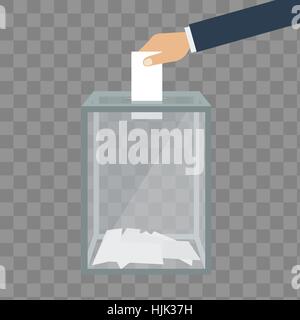 Voting, election concept. Vector illustration flat design style. Transparent glass box. Man holds in his hand bulletin, puts in ballot box. Stock Vector