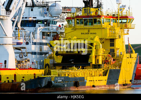 Viking  yellow oil industry supply ships berthed Montrose Scotland UK Stock Photo