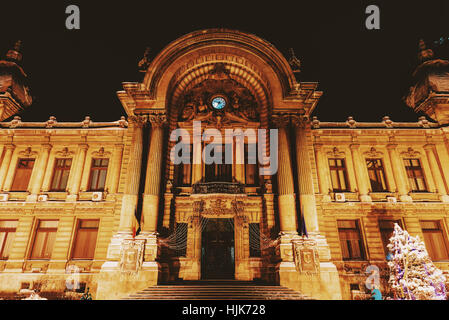 CEC Bank (Casa de Economii si Consemnatiuni) During Winter Snow Storm In Downtown Bucharest At Night Stock Photo