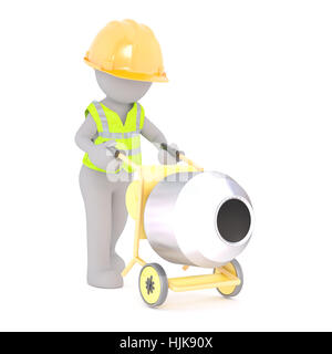 Faceless 3D man character of construction worker in hardhat and safety vest rolling concrete mixer, standing isolated on white background Stock Photo