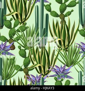 Seamless pattern with cactuses and succulents set. Plants of desert Stock Vector