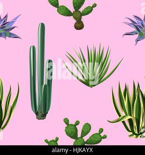 Seamless pattern with cactuses and succulents set. Plants of desert Stock Vector