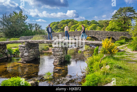 Great Britain, South West England, Devon, Dartmoor National Park, Postbridge, East Dart River, ancient clapper bridge Stock Photo