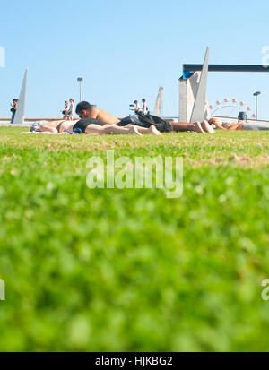 People resting on a lawn in the bright sunny day. Stock Photo