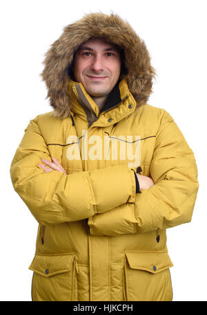 portrait of smiling man in winter coat. isolated on white background Stock Photo