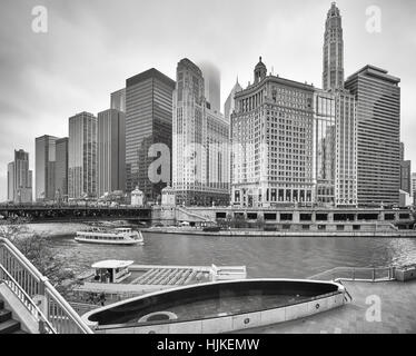 Black and white picture of Chicago downtown on a foggy day, USA. Stock Photo