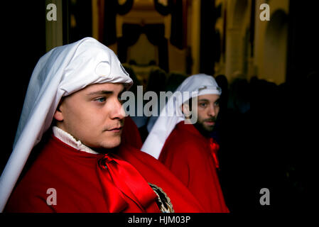 Enna, Sicily, Italy - March 25, 2016:  religious Parade, in town of Enna, Sicily for the Holy Easter. Every year for Holy Friday is staged the passio Stock Photo