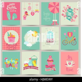 Collection of 12 Spring card templates.Spring Posters set. Vector illustration. Template for Greeting Scrapbooking, Congratulations, Invitations. Stock Vector
