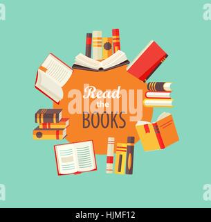 Vector set of books - icons in flat retro style with circle frame for text design. Stock Vector