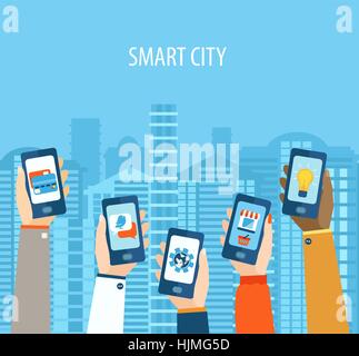 Vector illustration concept of hands holding smart-phones . Flat design modern vector illustration icons set of smart city life. Stock Vector