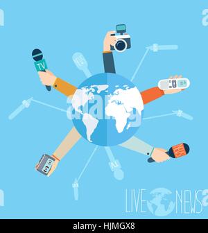 Journalism concept vector illustration in flat style.Vector live report concept, live news, hands of journalists with microphones, camera. Stock Vector