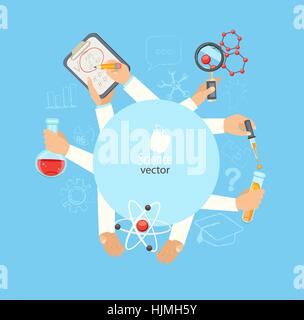 The concept of science and education. Scientists with molecules, formula, bulb, vector illustration. Stock Vector