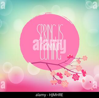 vector illustration of Handwriting inscription Spring is coming with an Oriental cherry branch on a water color on the light bokeh background Stock Vector