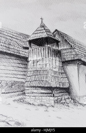 Idylic Willage Houses With Wooden Belfry Pencil Drawing On Paper