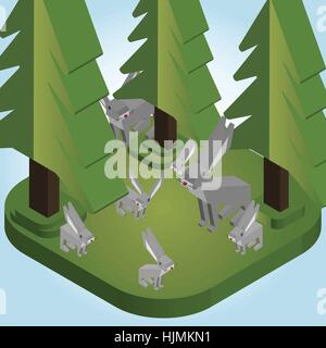 Rabbits in a Pine Forest Isometric Style - Vector Illustration Stock Vector