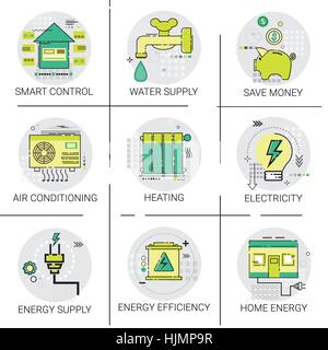 Electricity Energy Supply Power Invention, Heating, Smart Control, Air Conditioning Icon Set Stock Vector