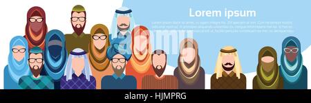 Arab People Group Muslim Arabic Man And Woman Banner With Copy Space Stock Vector