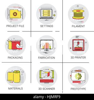 3d Printer Modern Technology Project File Industry Production Icon Set Stock Vector