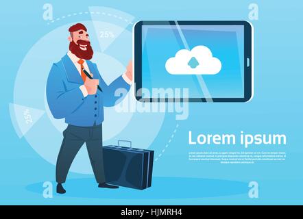 Businessman Hold Tablet Computer Cloud Database Icon Stock Vector