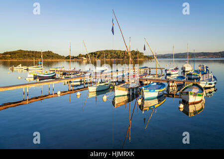 Traditional Wooden Fishing , Barquette Moored ,Six-Fours-les-Plages near Sanary Provence France Stock Photo