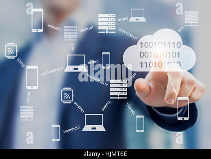 Data transmission and cloud computing concept with a network of servers, computers and devices exchanging binary digital information, person touching Stock Photo