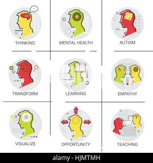 Autism Mental Health Brain Activity, People Feeling, Knowledge Learning Online Education Icon Set Stock Vector