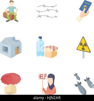 Refugees icons set. Cartoon illustration of 9 refugees vector icons for web Stock Vector