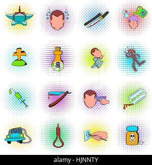 Suicide icons set in comics style isolated on white background Stock Vector