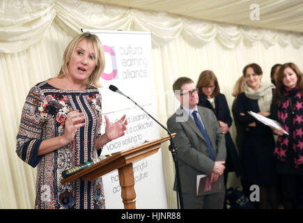 EDITORIAL USE ONLY Caroline Dinenage MP speaks at the launch of a new report titled 'ImagineNation' which reveals the vital impact of learning through arts and culture in improving educational success standards, at the House of Commons in London. Stock Photo