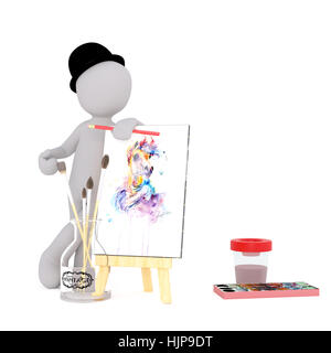 Faceless cartoon character of artist in bowler hat standing behind his painting in watercolor, 3D render isolated on white background Stock Photo