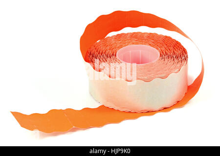 roll of red colored price stickers isolated on white background Stock Photo