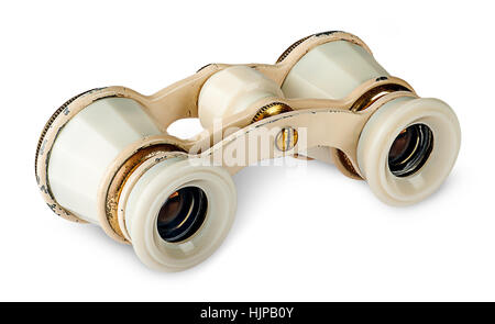 Old vintage pair of opera glasses isolated on white background Stock Photo