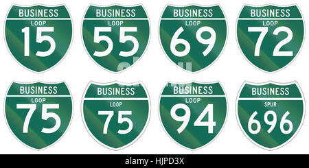 Collection of Interstate business loop and business spur shields used in the US. Stock Photo