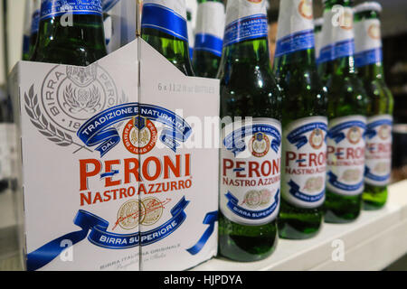 Peroni Beer Bottle Display, Eataly Italian Marketplace, NYC Stock Photo