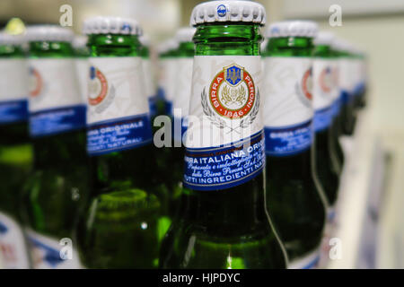 Peroni Beer Bottle Display, Eataly Italian Marketplace, NYC Stock Photo