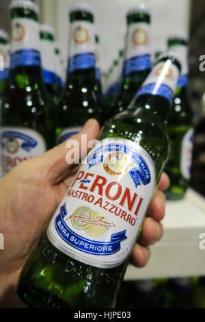 Peroni Beer Bottle Display, Eataly Italian Marketplace, NYC Stock Photo