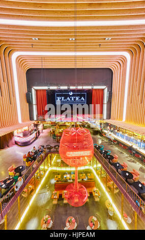 Platea Madrid, a gourmet food hall located in a former cinema on the Plaza de Colon. Madrid, Spain. Stock Photo