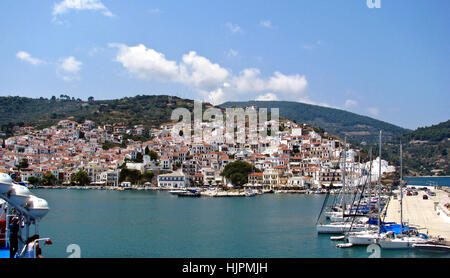 View from a ship of the Harbour Skopelos Town, Greek Islands Greece Stock Photo